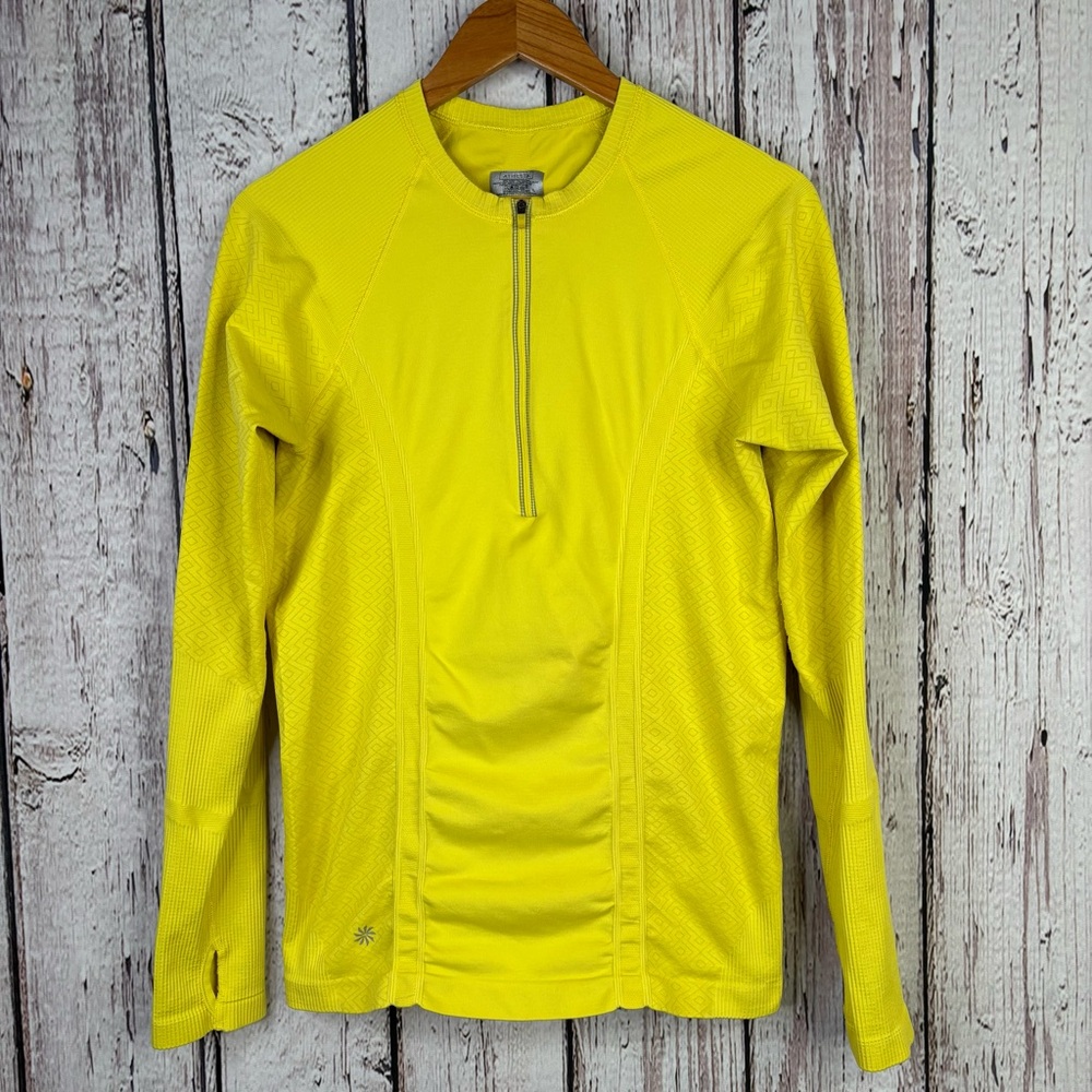 Athleta Fastest Track Half Zip Long Sleeve Shirt Size Large Yellow Fitted Gym